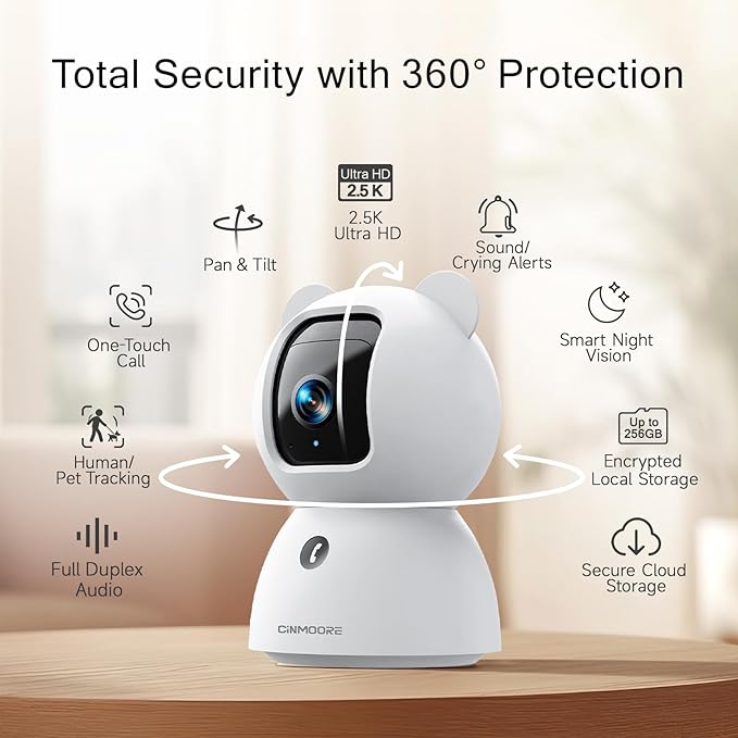 2.5K Security Camera Indoor, Non-Subscription AI Person/Pet/Cry Detection, 4MP Pet/Dog/Cat Camera w/Phone App, Pan Tilt 2.4GHz WiFi Cameras for Home Security, Full Duplex 2-Way Audio, IR Night Vision