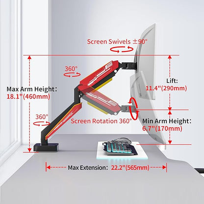Heavy Duty Monitor Arm for Ultrawide Screen up to 49 inches,44 lbs,Gas Spring Desk Mount Stand, Premium Fully Adjustable Bracket with C Clamp, Grommet Base, VESA 75x75/100x100mm (Black)