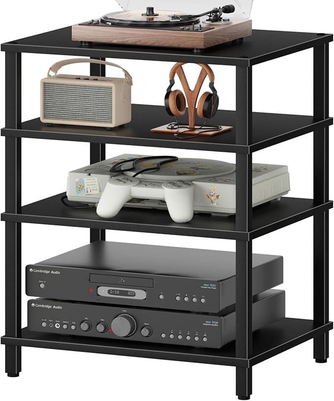 4-Tier AV Media Player Stand, Black Stereo Cabinet, Modern Stereo Cabinet, Wooden TV Stand,Game Console Shelf, Multifunctional Entertainment Center, Suitable for Home, Conference Room, Game Studio
