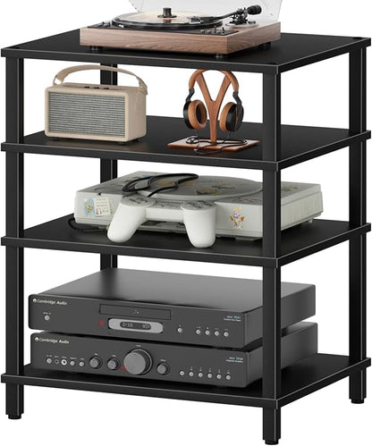 4-Tier AV Media Player Stand, Black Stereo Cabinet, Modern Stereo Cabinet, Wooden TV Stand,Game Console Shelf, Multifunctional Entertainment Center, Suitable for Home, Conference Room, Game Studio