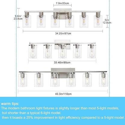 6 Light Bathroom Light Fixtures, Bathroom Vanity Light with Clear Glass, Brushed Nickel Bathroom Lighting Fixtures over Mirror, Large Vanity Lights for Bathroom, Vanity Lights for Mirror, Wall Sconce