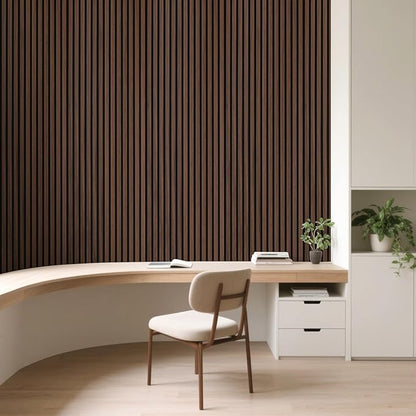 Art3d 2-Pack Acoustic Wood Slat Wall Panel with Roll-Flat Design - 95.3 x 23.8 Inch Sound Absorbing Panels for Living Room Columns Corridor Curved Wall Decor, Walnut