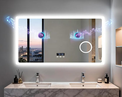 LUVODI Bathroom LED Wall Mirror: 48x24 inch Rectangle Makeup Vanity with Lights Bluetooth Speaker, Time Display, Magnifier, Anti-Fog, Memory Function, 3 Color Temperature