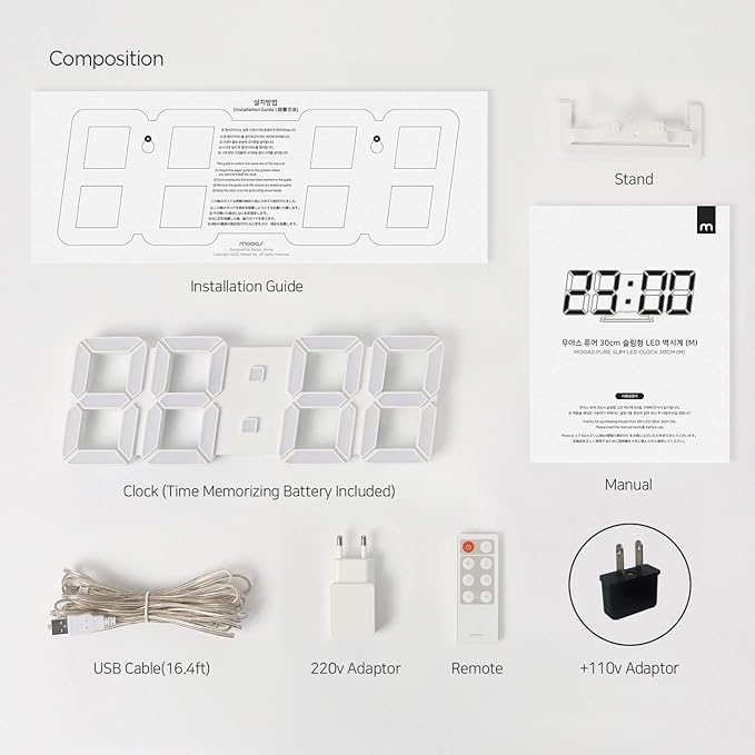 mooas 3D Pure Slim M LED Clock, Multi-Function LED Digital Clock (Calendar, Alarm, Temperature) (11.8" Slim M White Wall Clock with Remote Control)