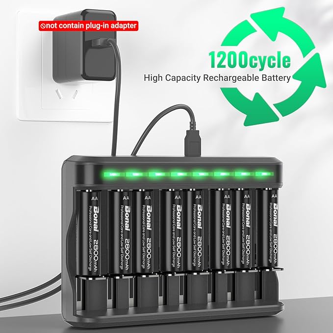 BONAI AA Rechargeable Batteries 2800mAh 8pack with Smart Charger for AA AAA C D NiMH Battery