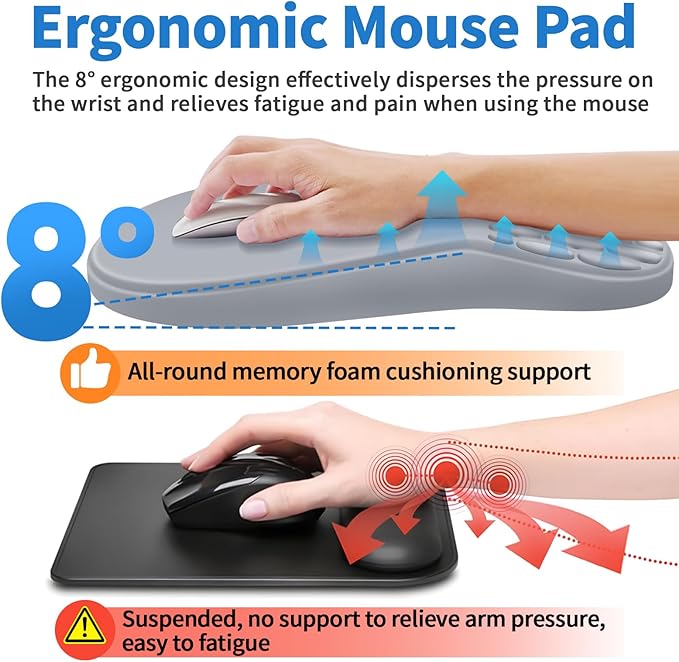 YIWEI Ergonomic Mouse Pad with Wrist Rest - Comfortable Office Mousepad with Memory Foam Wrist Support for Carpal Tunnel Relief, Mouse Pads with Non-Slip Base for Gaming and Home (Light Gray)