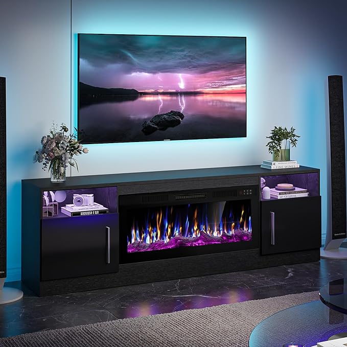 VITESSE Fireplace with TV Stand 36" inch Electric Fireplace Up to 80" TVs, LED Light Entertainment Center, 70" Modern Wood High Gloss with Highlight Storage Cabinet for Living Room (Black)