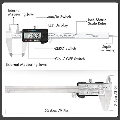 Simhevn Electronic Digital Caliper Measuring Tool, Stainless Steel Vernier Caliper Digital, Easy Switch from Inch Metric, LCD Screen,0-6inch/150mm Caliper Measuring Tool for DIY/3D Printing