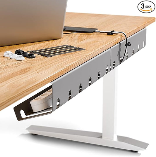 PAMO Cable Management Under Desk for Easy mounting Under-Table I Set of 3 - with 10X Cable Ties I Desk Organizer for Office/Home Office Table Thoughtful Cable Tray Holder