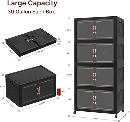 Extra Large Stackable Storage Bins with Lids & Wheels, 220QT-55QT/14GAL*4Pack Foldable Collapsible Closet Organizers Dark Storage Cabinet with Doors for Bedroom Dorm