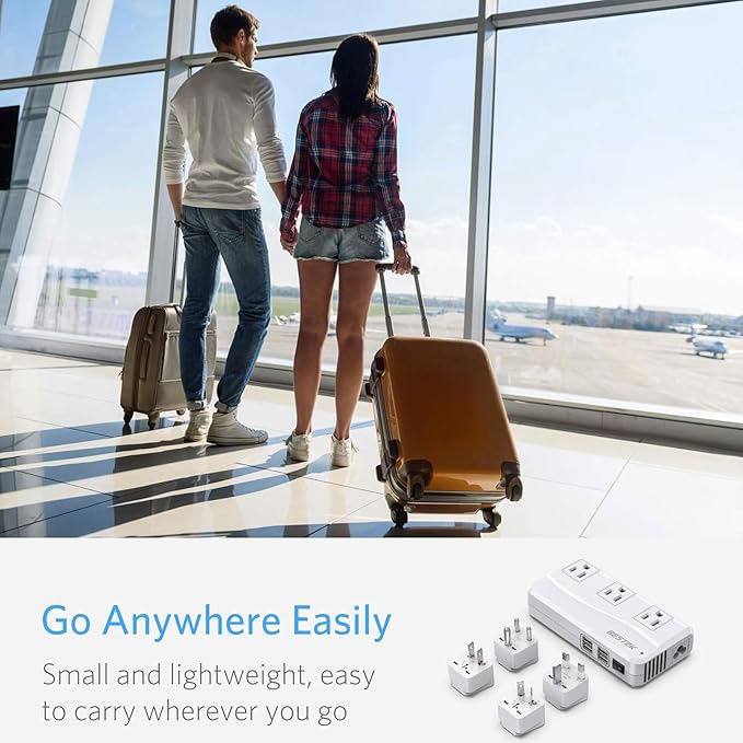 BESTEK Universal Travel Adapter 100-220V to 110V Voltage Converter 250W with 6A 4-Port USB Charging 3 AC Sockets and EU/UK/AU/US/India Worldwide Plug Adapter (03 UK Plug White)