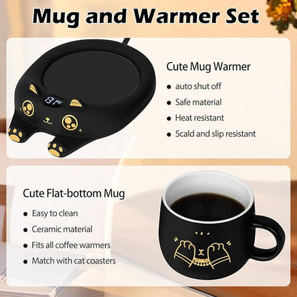 PUSEE Coffee Mug Warmer & Cute Cat Mug Set, Coffee Cup Warmer for Desk with Auto Shut Off, Beverage Warmer with 3 Temp Settings, Candle Warmer Coffee Warmer with Mug Set for Christmas & Birthday Gifts