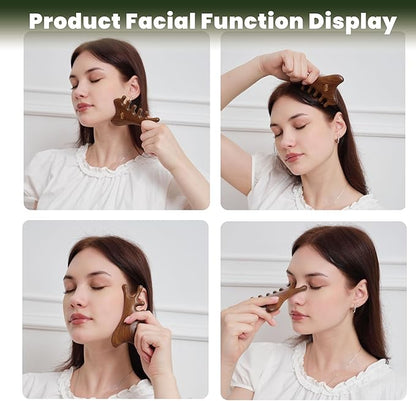 4-in-1 Wooden Gua Sha Facial Tools & Hair Detangler Brush Set – Manual Guasha tool for Face & Jawline Lifting, Double Chin Reduction, Scalp & Head Massager, Eye & Ear Acupressure, Gift for Women