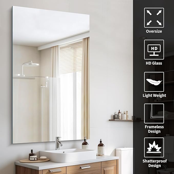CILIBER Frameless Mirror, 60x36 Large Bathroom Mirrors for Wall, Upgraded Shatterproof Rectangle Vanity Mirror Over Sink with Polished Edge for Bathroom,Bedroom,Living Room and Entryway