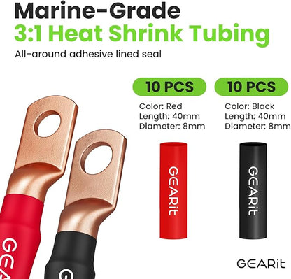 GEARit 8 Gauge Ground Wire Kit, CCA, (25FT Each - Black and Red) All-in-One Kit: Crimping Tool, Cutter, 15 Lugs, and 20 Heat Shrink Wrap