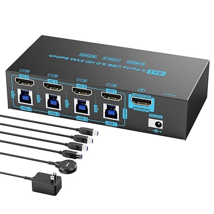 8K HDMI 2.1 KVM Switch 4 Computers 4 Port USB 3.0 8K@60Hz/4K@144Hz 4 In 1 Out Keyboard Mouse KVM Switches EDID Emulator for 4 PCs Share 1 Monitor and 4 USB Devices, with 4 USB 3.0 Cable & Wired Remote