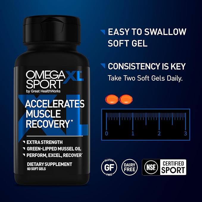 OmegaXL Sport Extra Strength Muscle Recovery Supplement and Respiratory Support Supplement - Improves DOMS and ROM, Clinically Supported Green-Lipped Mussel Oil (60 Softgels)