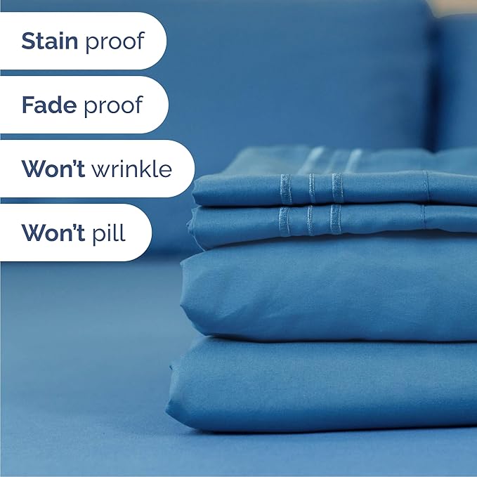 Queen Size 4 Piece Sheet Set - Comfy Breathable & Cooling Bed Sheets Set - Hotel Luxury Bedding for Women, Men, Kids, Teens, Boys & Girls - Deep Pockets, Soft and Wrinkle Free - Oeko-Tex - Denim Blue