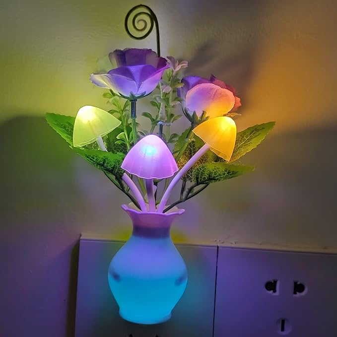 AUSAYE Color-Changing LED Night Light, 1Pack Plug in Dusk-to-Dawn,Home Décor Lamp Dream Nightlight Purple Rose Flower Mushroom Night Light for Kids Adults Bedroom,Bathroom,Stairs, Kitchen,Hallway