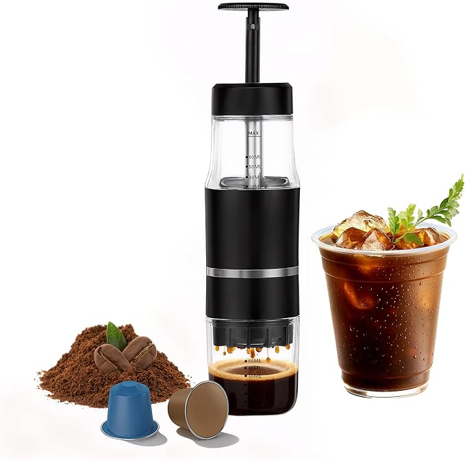 PIQUEBAR Portable Coffee Maker for Ground Coffee & Capsules, Small Espresso Machine Manual French Press Coffee Maker for Travel, Camping