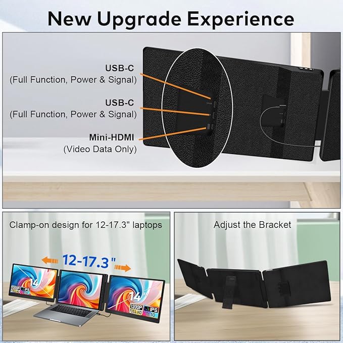 14" Laptop Screen Extender, FHD 1200P IPS Dual/Triple Portable Monitor for Laptop, 360° Flip Left Screen, USB-C/HDMI Plug & Play, Multi Travel Computer Monitor Display for 12-17.3" Win/Mac -S7C