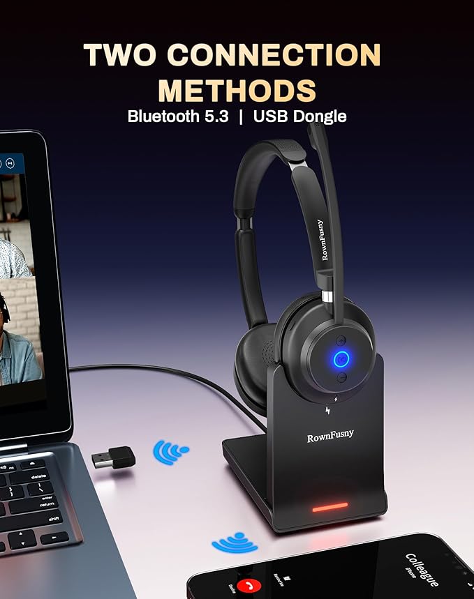 Wireless Headset with Mic for Work-Bluetooth Over Ear Headphones with Microphone,Noise Cancelling with Mute & USB Dongle for Computer/Phones/Remote Work/Call Center,Lightweight All Day Comfort