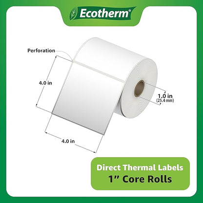 4" x 4" Thermal Labels | 4 Rolls | 1508 Labels | fits Zebra, Munbyn, Rollo, Godex, Arkscan, iDPRT, Offnova Thermal Label Printers and More | Blank White Adhesive Stickers by Ecotherm
