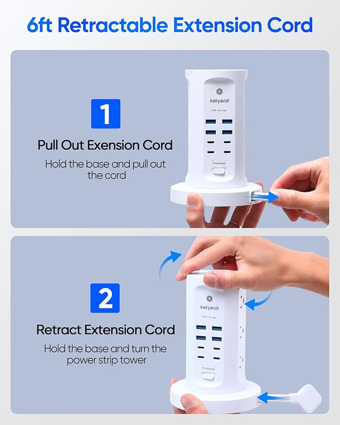 Power Strip Tower, kakyanill Surge Protector Tower 9 AC Outlets 8 USB (4 USB C), 6 Ft Retractable Extension Cord, Charging Station for Office Dorm Room, White