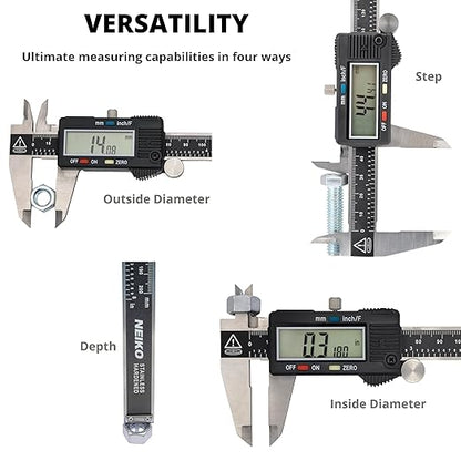 NEIKO 01407A Electronic Digital Caliper Measuring Tool, 0 - 6 Inches Stainless Steel Construction with Large LCD Screen Quick Change Button for Inch Fraction Millimeter Conversions, Digital Caliper Measuring Tool
