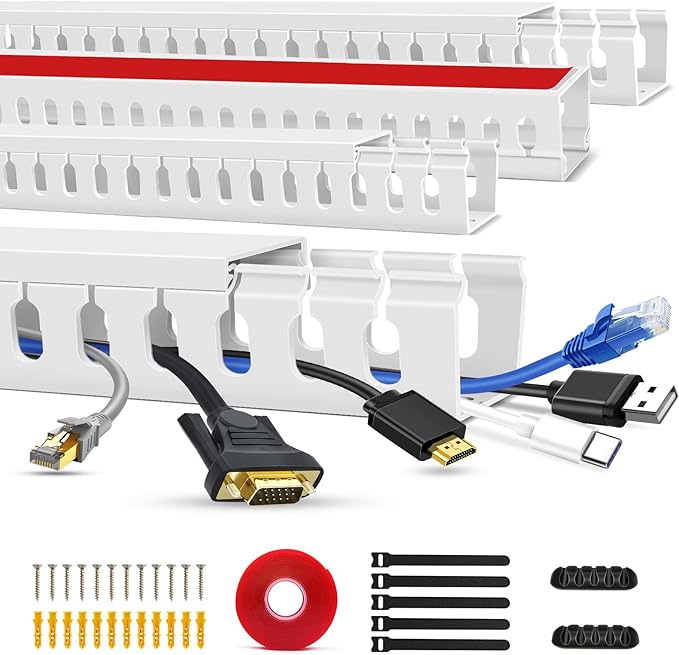 Cable Duct Management Raceway Kit, 62.8" (4 x 15.7) Server Rack Cable Management, Cable Management for Hide Network HDMI VGA Cable, Open Slot Cable Track Desk Wire Channel, Cable Raceway White 4 Pack