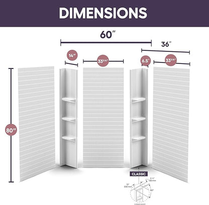 White Acrylic Shower Wall Surround 36"x 60"x 80" - Waterproof, Easy-to-Install, Two Shelf Units Kit Included - Shower Wall Surround Panels - Subway Tiles Pattern, Classic Shelves