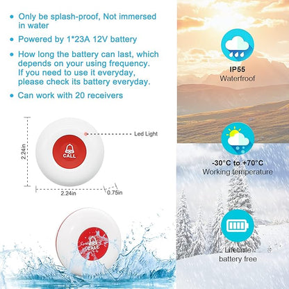 CallToU Wireless Caregiver Pager Call Button for Hard of Hearing Waterproof 500+ FT Nurse Alert System Elderly Monitoring Patient/Seniors 3 Panic Button 1 Plug-in 1 Vibration Receiver