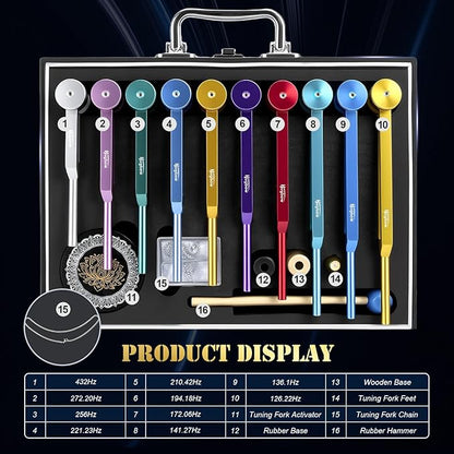10 PCS Chakra Tuning Fork for Healing, Multi-Color Weighted Tuning Forks, Aluminum Alloy Tuning Forks with Activator & Feet (126.22-432Hz) for DNA Healing, Sound Therapy