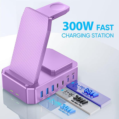 300W Charging Station for Multiple Devices Apple, Zutspzss 10 in 1 Wireless Charger for iPhone 16, GaN III USB C 65W PD Fast Charging Stand Dock for MacBook, Apple Watch&Airpods,Purple