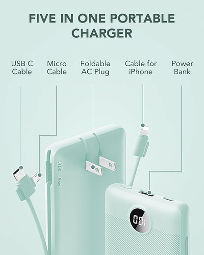 VRURC Portable Charger Built-in Cables and AC Wall Plug, USB C Power Bank 10000mAh, Travel Battery Portable Phone Charger Compact Lightweight External Battery Pack for Smart Phones, Tablets etc-Green