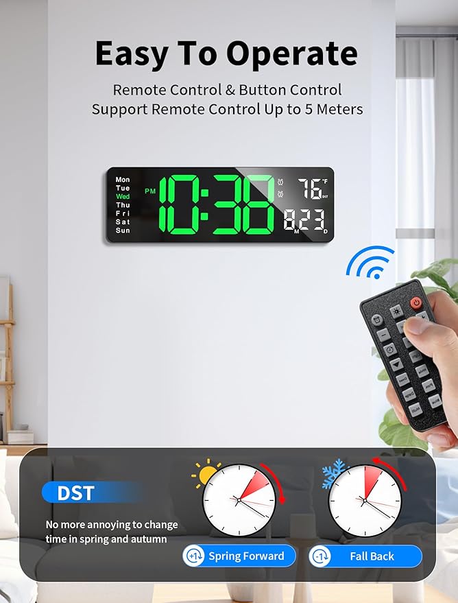 MASHI Digital Wall Clock, 16" Large Display Digital Clock with Remote Control, Auto-Dimming Wall Clock with Night Light, DST, Date Week,Temp for Living Room, Bedroom, Decor, Gift for Elderly