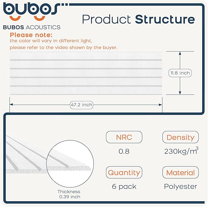 BUBOS 6 Pack Large Acoustic Panels,48x12Inch SoundProof Panels for Walls,Self Adhesive Acoustic Wall Panels,Decorative Sound Panels for Home Studio Office (White 02)