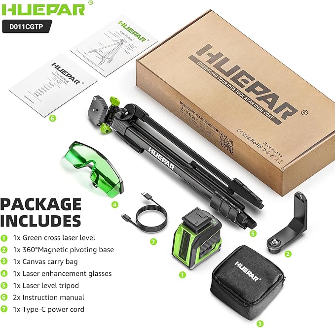 Huepar 360° Laser Level with Tripod 60in, 82Ft - 165Ft Self Leveling Laser Level with Pulse Mode, 3 Brightness Levels Rechargeable Li-ion Battery Green Line Laser Leveler Tool for DIY Indoor Project