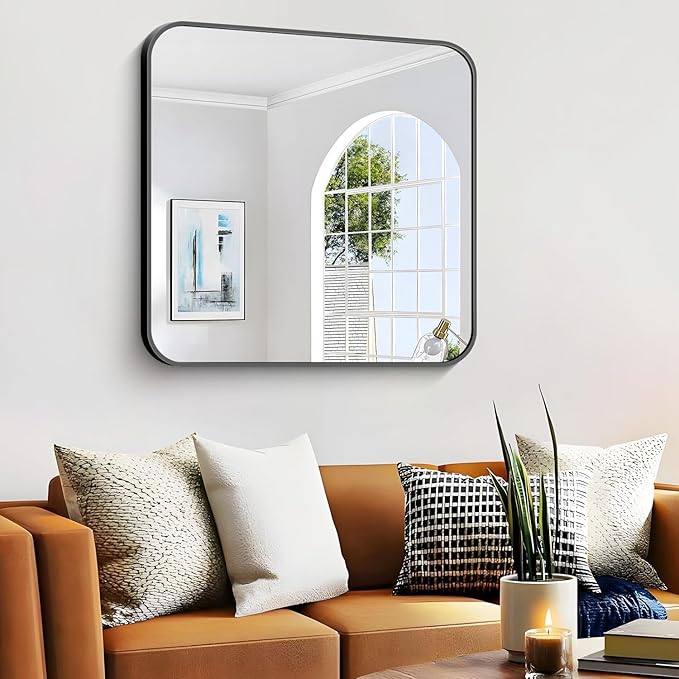 Bathroom Mirror, 40 x 36 inch Black Rectangle Wall Mirror, Metal Frame Rectangular Vanity Mirror, Rounded Corner Wall Mounted Mirror for Modern Bedroom Living Room Hangs Horizontal/Vertical