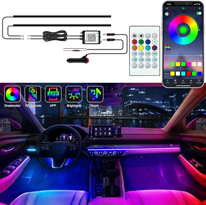 Jushope Interior Car LED Strip Lights, Acrylic LED Lights for Car with Dynamic Dreamcolor Chasing, Ambient Lighting Kits Music Sync Wireless APP and RF Remote Control (2 * 29.5'')