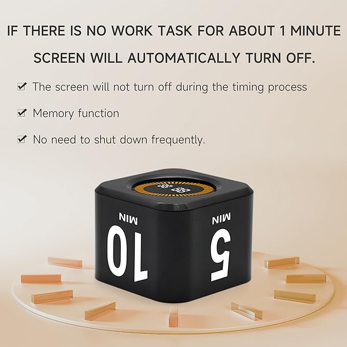 Rotating Productivity Timer 5, 25, 10, 50 Minutes Preset, Desk Cube w/Gravity Sensor for ADHD, Mute Functions, Ideal for Work, Study, Kitchen, Back to School (1, Black)