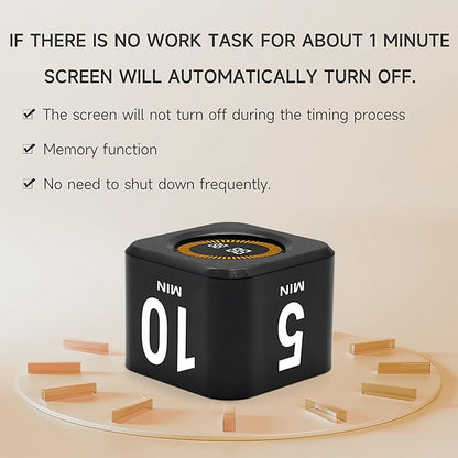 Rotating Productivity Timer 5, 25, 10, 50 Minutes Preset, Desk Cube w/Gravity Sensor for ADHD, Mute Functions, Ideal for Work, Study, Kitchen, Back to School (1, Black)