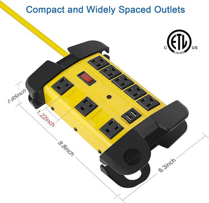 Heavy Duty Power Strip with USB, Workshop 8 Outlet Surge Protector 2700 Joules, Industrial Metal 15Amp Power Strip, 25 FT Extension Cord and Wide Spaced. Yellow