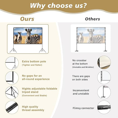 Portable Indoor Outdoor Projector Screen with Stand 120 inch Movie Screen 16:9 Format 4K HD Wrinkle-Free Foldable Design & Easy to Setup for Indoor Home Movie Theater Projector with Carry Bag