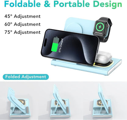 3 in 1 Charging Station for iPhone 17 - Wireless Charger for Apple Products for iPhone 17 16 15 14 13 12 11 Pro Max - Foldable Wireless Charging Station Dock Stand for iWatch Series & AirPods(Blue)