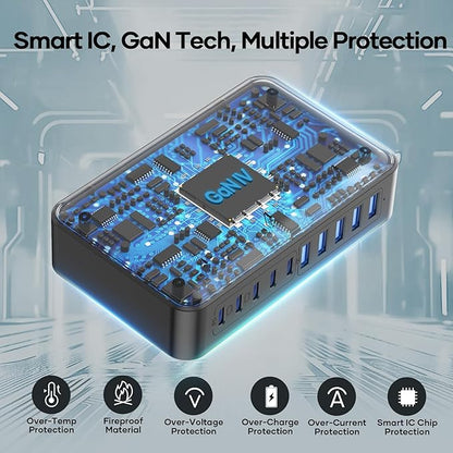 USB C Charger Block 10 Ports, 450W USB Charging Station for Multiple Devices, 5 Type C + 5 USB A GaN PD Charger Hub, Compact Power Brick Super Fast Charging for MacBook, Ipad, iPhone, Samsung