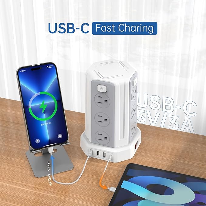 Power Strip Surge Protector, 10 Ft Extension Cord with 12 AC Multiple Outlets 4 USB (1 USB C), SMALLRT Power Tower Desktop Charging Station (White, 16.4 FT)