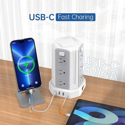 Power Strip Surge Protector, 10 Ft Extension Cord with 12 AC Multiple Outlets 4 USB (1 USB C), SMALLRT Power Tower Desktop Charging Station (White, 16.4 FT)