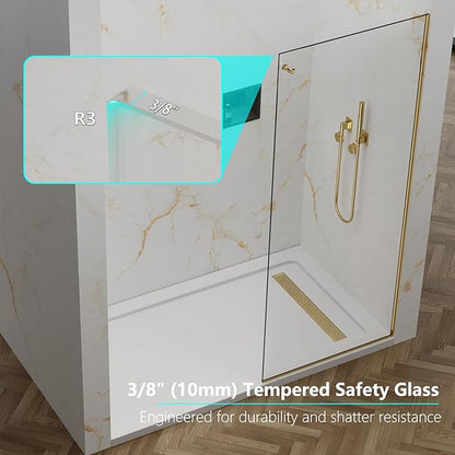 Shower Screen,32"W * 76"H Single Shower Glass Panel, 3/8"(10mm) Tempered Glass, Shower Wall Panels, Fix Shower Glass Screen for Bathroom - Brushed Gold