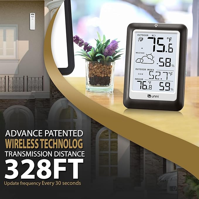 Indoor Outdoor Thermometer Wireless Weather Station, Temperature Humidity Monitor Battery Powered Inside Outside Thermometers with 330ft Range Remote Sensor and Backlight Display（Metal Black）
